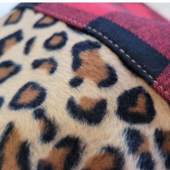 Leopard & Buffalo Plaid Duffel Bag With Brown Handles & Detachable Strap - Picture 10 of 14